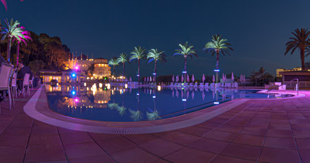 Monaco , Monaco - July 8 2008: Nightshot of the pool at Le Deck.のeditorial素材