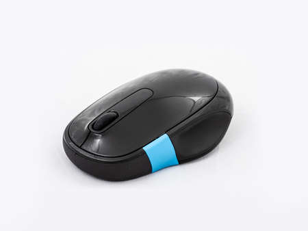 Black and blue wireless computer mouse on white background.