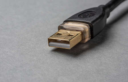 Gold USB-plug on grey background