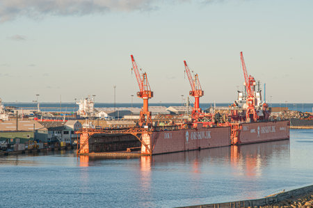Frederikshavn, Denmark - December 28 2009: Floating docks at Ørskov wharf in Frederikshavn.のeditorial素材