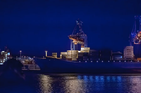 Gothenburg , Sweden - December 28 2009: Container ships loading at night at port of Gothenburg.のeditorial素材