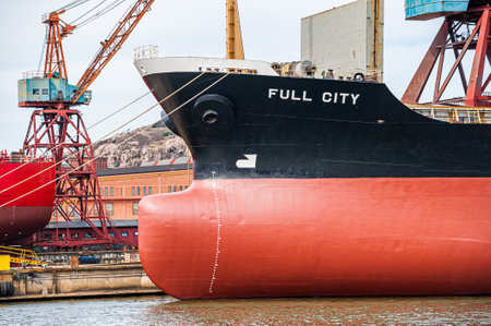 Gothenburg, Sweden - april 4 2010: Bow of Full City (IMO 9073672, now Rising Eagle) after repairs in Gothenburg.のeditorial素材