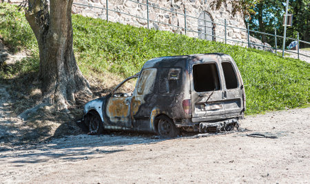 Gothenburg , Sweden - June 26 2010: Burnt out car at Skansen Kronan.のeditorial素材