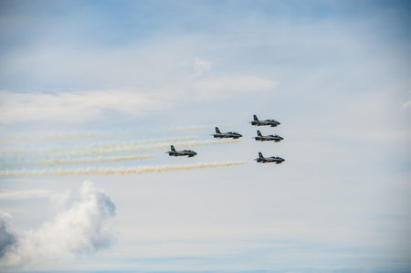 Gothenburg, Sweden - August 29 2010: Frecce Tricolori, 313° Gruppo Addestramento Acrobatico, performing at Gothenburg Aero Show.のeditorial素材