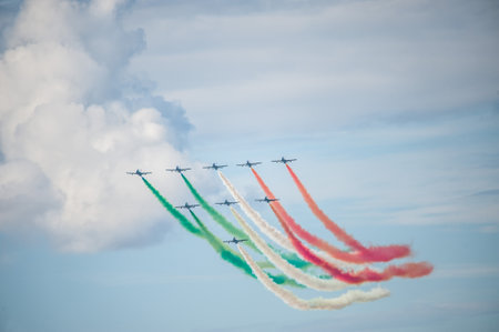 Gothenburg, Sweden - August 29 2010: Frecce Tricolori, 313° Gruppo Addestramento Acrobatico, performing at Gothenburg Aero Show.のeditorial素材