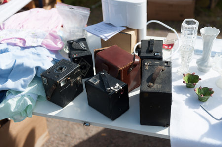 Gothenburg , Sweden - September 4 2010: Several box cameras for sale at a flea market.のeditorial素材
