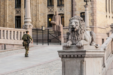 Oslo, Norway - July 23 2011: Armed military guard at the Parliament of Norway Building, Stortinget.のeditorial素材