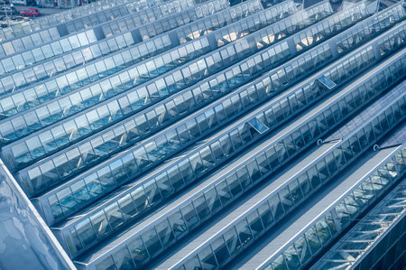 Gothenburg, Sweden - october 6 2012: Roof of a large building covered in windows.のeditorial素材