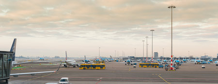 Schiphol , Netherlands - February 13 2013: View of the apron outside B terminal at Schiphol.のeditorial素材