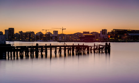 Gothenburg, Sweden - March 24 2014: Long exposure evening photo of Eriksberg seen from Fiskhamnen.のeditorial素材