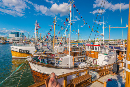 Oslo, Norway - July 19 2014: View over an armada of wooden boats in Bjørvika.のeditorial素材