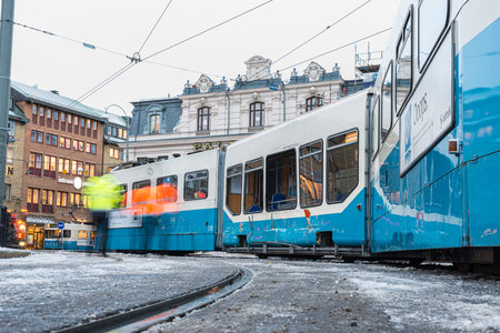 Gothenburg, Sweden - december6 2013: The result of a tram derailment.のeditorial素材
