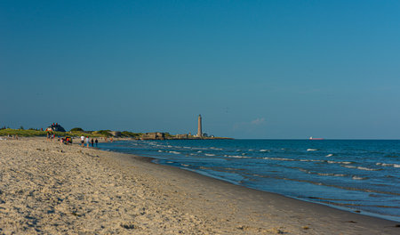 Frederikshavn, Denmark - July 19 2017: Skagen Grey Lighthouse at Skagen,のeditorial素材