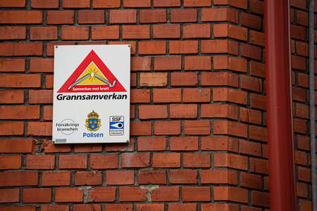 Gothenburg , Sweden - May 18 2019: A sign stating that Grannsamverkan, neighborhood watch, is active in the area.のeditorial素材