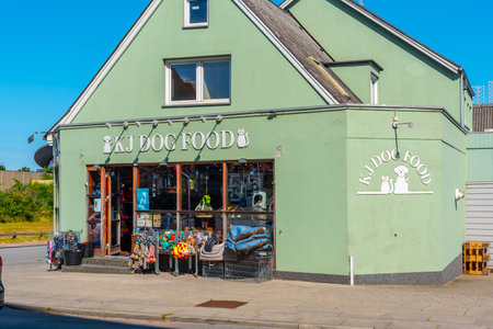 Frederikshavn, Denmark - July 11 2019: Facade of the KJ Dog Food store in Frederikshavn.のeditorial素材