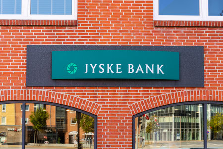 Frederikshavn, Denmark - July 11 2019: Logo of Jyske Bank in Frederikshavn.のeditorial素材
