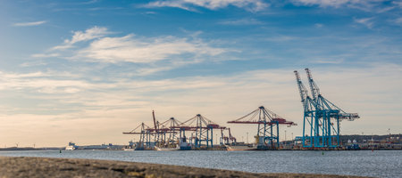 Gothenburg, Sweden - April 20 2015: Container ships loading at port of Gothenburg.のeditorial素材