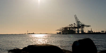 Gothenburg , Sweden - April 21 2015: Scenic, sunny view of the container port of Gothenburg.のeditorial素材