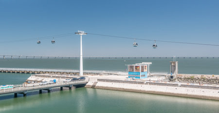 Lisboa, Portugal - July 25 2016: Cable cars with the Vasco da Gama bridge in the backgroundのeditorial素材