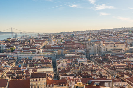 Lisboa, Portugal,  - July 24 2016: View over city center. Carmo Convent in the middle right.