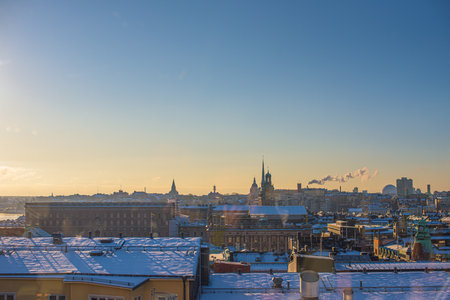 Stockholm, Sweden - February 25 2018: Rooftop view over Stockholm. The royal palace in the center left.  Towers of Saint Gertrud church, Katarina church, and Stockholm Cathedral. Globen in the horizon.のeditorial素材