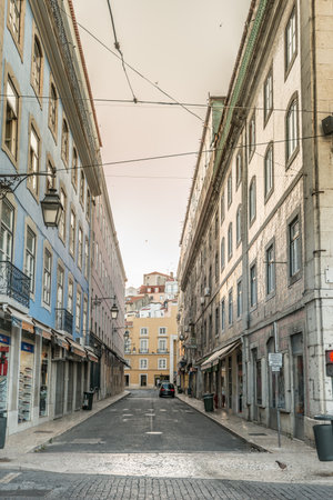 Lisbon, Portugal - July 21 2016: Narrow shopping streets in the Santa Maria Maior district.のeditorial素材