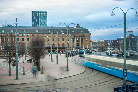 Gothenburg, Sweden - april 23 2018: Long exposure of tram and traffic at Drottningtorget.のeditorial素材