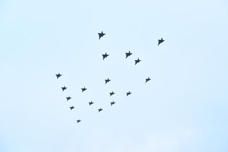 Gothenburg, Sweden â december 12, 2018: 18 Saab JAS 39 Gripen multirole fighter aircraft flying a christmas tree formation.のeditorial素材