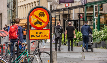 Gothenburg, Sweden â September 20 2019: Sign showing no entry for powerdriven vehicles during certain hours.のeditorial素材