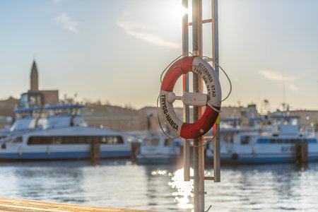 Gothenburg, Sweden - january 19 2020: Ring buoy mounted by the river.のeditorial素材