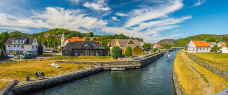 Lindesnes, Norway - July 14 2018: Spangereidkanalen is an artificial canal through the small town of Spangereid.のeditorial素材