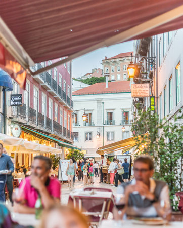 Lisbon, Portugal - July 20 2016: Restaurants at Rua Jardim do Regedor.のeditorial素材