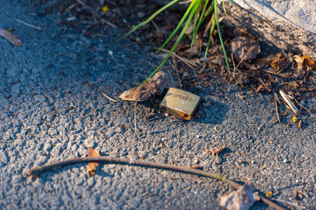 Gothenburg, Sweden - april 09 2020: Broken padlock on the asphalt.のeditorial素材