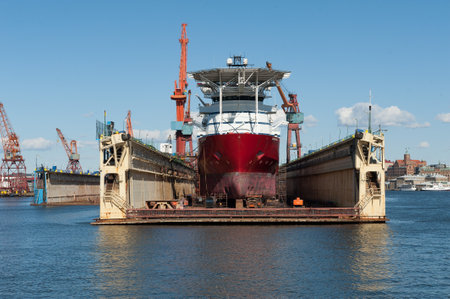 Gothenburg, Sweden - March 26 2011: Offshore supply ship Skandi Carla (IMO 9239446) in dry dock at...