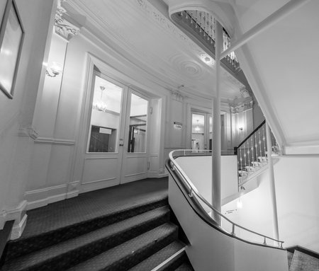 Hamburg, Germany - July 30 2016:  Black and white photo of stairs in a hotel.のeditorial素材