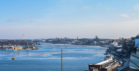 Stockholm, Sweden - february 25 2018: View over Beckholmen, Jarlaberg and Kvarnholmen from Katarinahissen.のeditorial素材