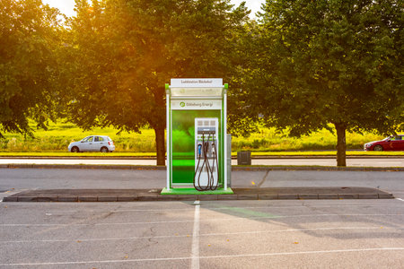 Gothenburg, Sweden - August 24 2020: Electric car charging station with cables for CHAdeMO, CCS and Type2のeditorial素材