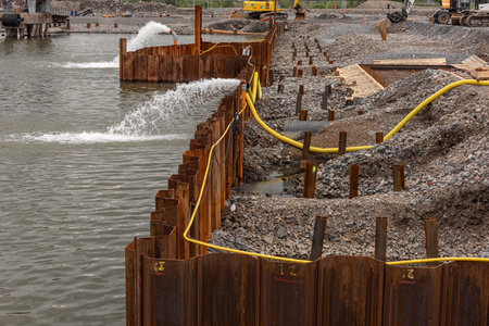 Gothenburg, Sweden - May 16 2021: Water being pumped out from behind a metal barrier reclaiming land for constructionのeditorial素材