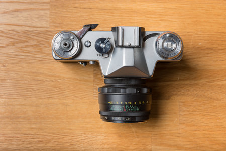 Gothenburg, Sweden - May 02 2021: Top view of a Zenit EM SLR camera