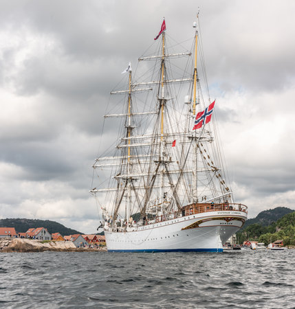 Lindesnes, Norway - August 08 2021: Sail training vessel Statsraad Lehmkuhl departing BÃ¥lyのeditorial素材