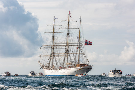 Lindesnes, Norway - August 08 2021: Sail training vessel Statsraad Lehmkuhl departing BÃ¥lyのeditorial素材