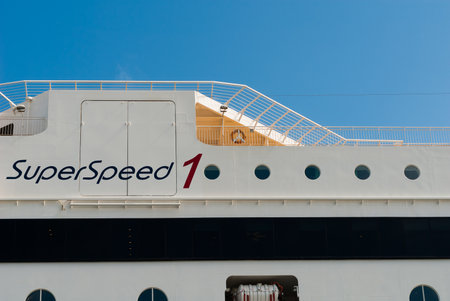 Hirtshals, Denmark - July 10 2008: Detail of passenger ferry SuperSpeed 1 from Color Line trafficing the Kristiansand to Hirtshals line.のeditorial素材