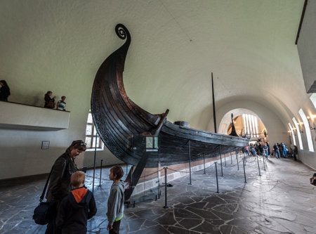 Oslo, Norway - August 10 2012: The Gokstad ship, a viking ship from the 9th-century Viking found in a burial mound at Gokstad and exhibited at Vikingskipsmuseet in Osloのeditorial素材