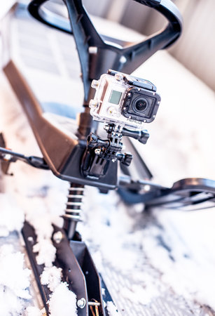 Gothenburg, Sweden  - January 19 2014: GoPro camera mounted on a snow racer.のeditorial素材
