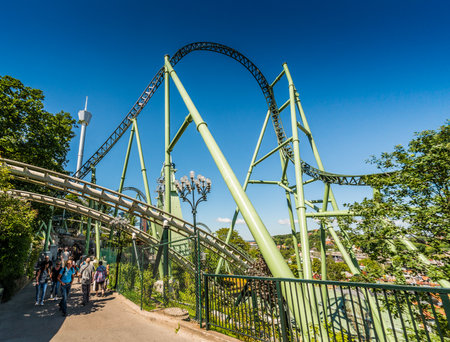 Gothenburg, Sweden - June 15 2014: Rails of roller coaster Helix at Liseberg amusement park.のeditorial素材
