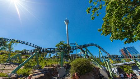 Gothenburg, Sweden - June 15 2014: Lisebergstornet and the Helix rollercoaster at Liseberg.のeditorial素材