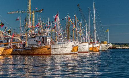 Oslo, Norway - July 19 2014: View over an armada of wooden boats in BjÃ¸rvika.