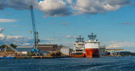 Arendal, Norway - July 15 2015: AHTS, anchor handling tug supply vessels laid up at Eydehavn.のeditorial素材