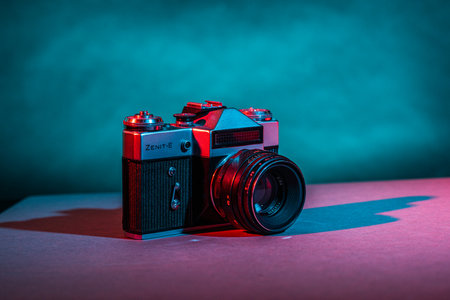 Gothenburg, Sweden - June 17 2019: Zenit-E film SLR camera with Helios-44-2 58mm f/2 lens in blue and red light.のeditorial素材