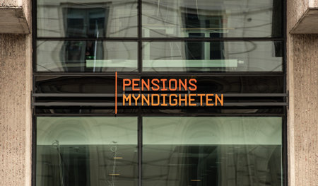 Gothenburg , Sweden - May 18 2019: Pensionsmyndigheten sign outside one of their offices.のeditorial素材